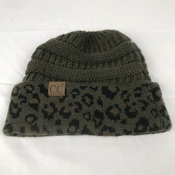 C.C. Ponytail‎ Beanie olive green/cheetah preowned - Picture 1 of 5
